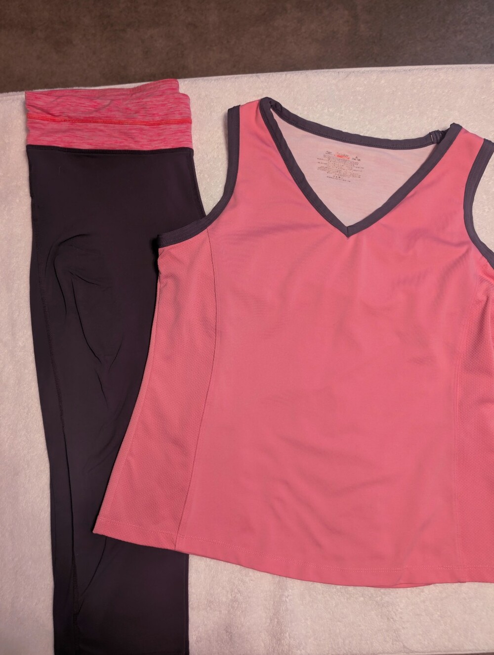 Yoga Outfit-Danskin Now Pink  V-Neck Tank with Gray Trim And Gray Leggings